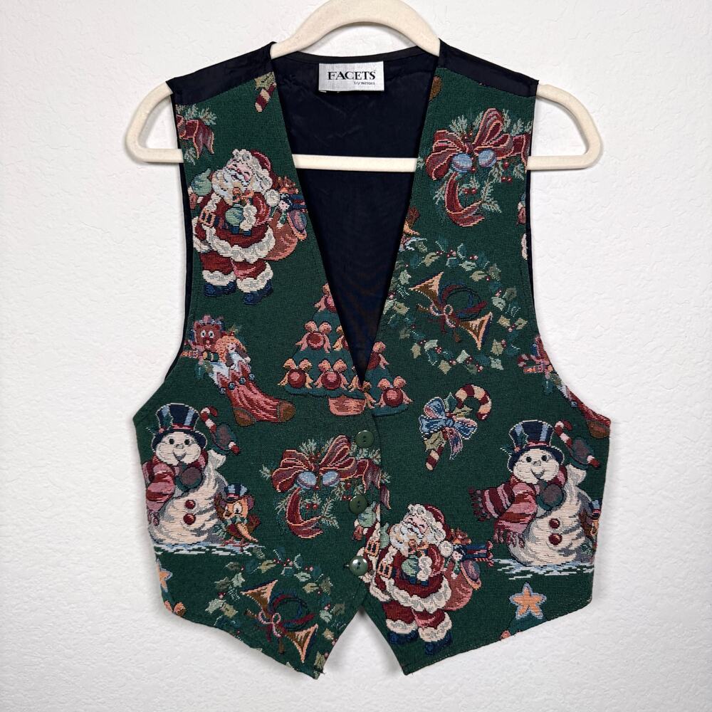 Facets Womens Vintage Holiday Christmas Tapestry Vest Top Size L Retro Green
